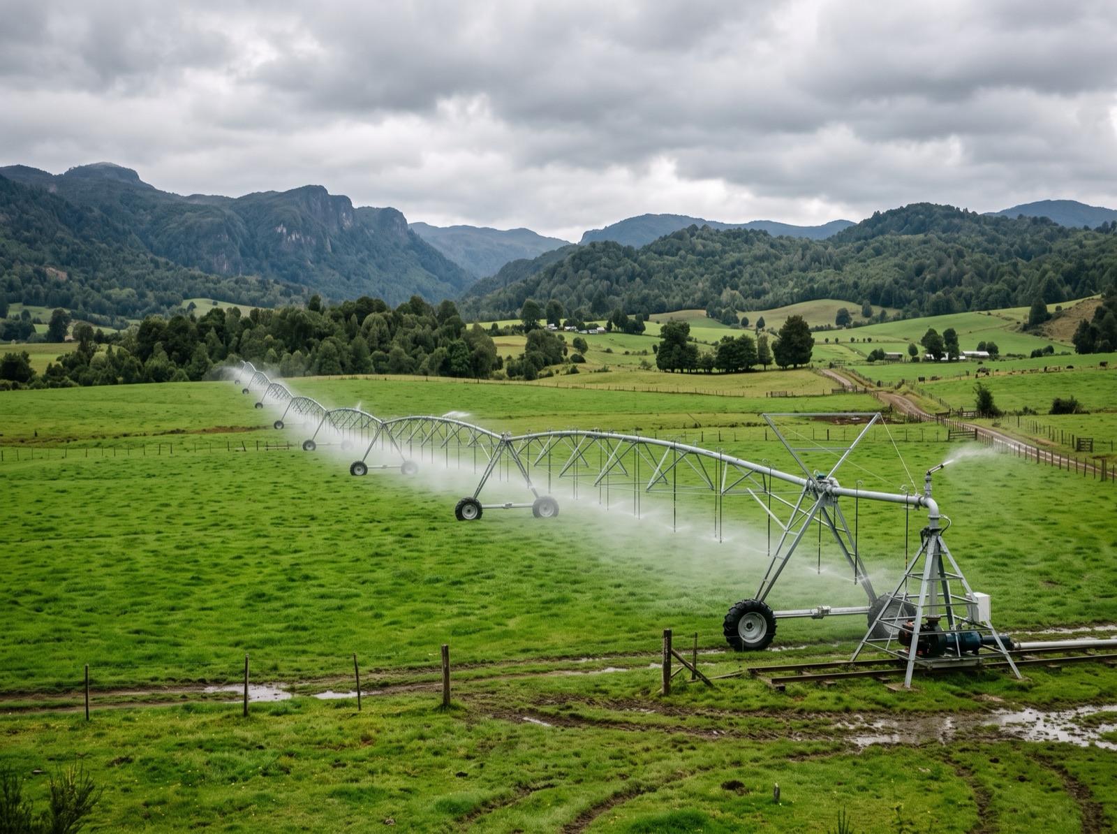 Pivote de riego regando un campo verde en el sur de Chile